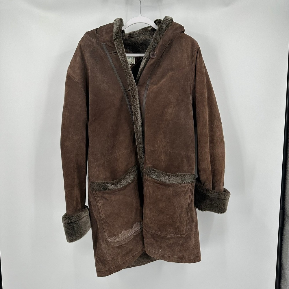 Fitz Wright Women Western Boho Shearling Coat Size L Brown Suede‎ Hooded Vintage